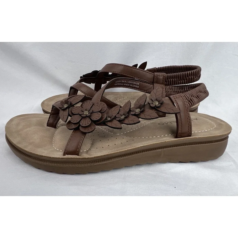 ANDIAMO Ajudy Sandals Womens 8M Brown Floral Thong Slingback Boho Cottagecore
